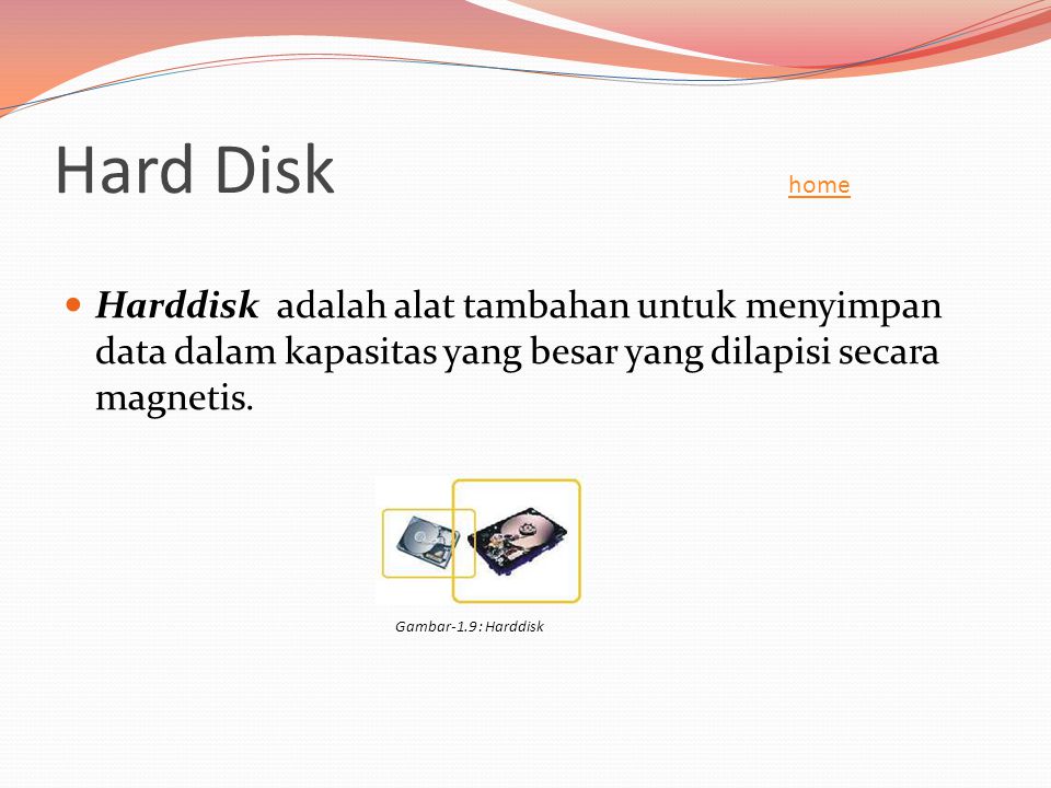 Hard Disk home Harddisk adalah alat tambahan untuk menyimpan data dalam kapasitas yang besar yang dilapisi secara magnetis.