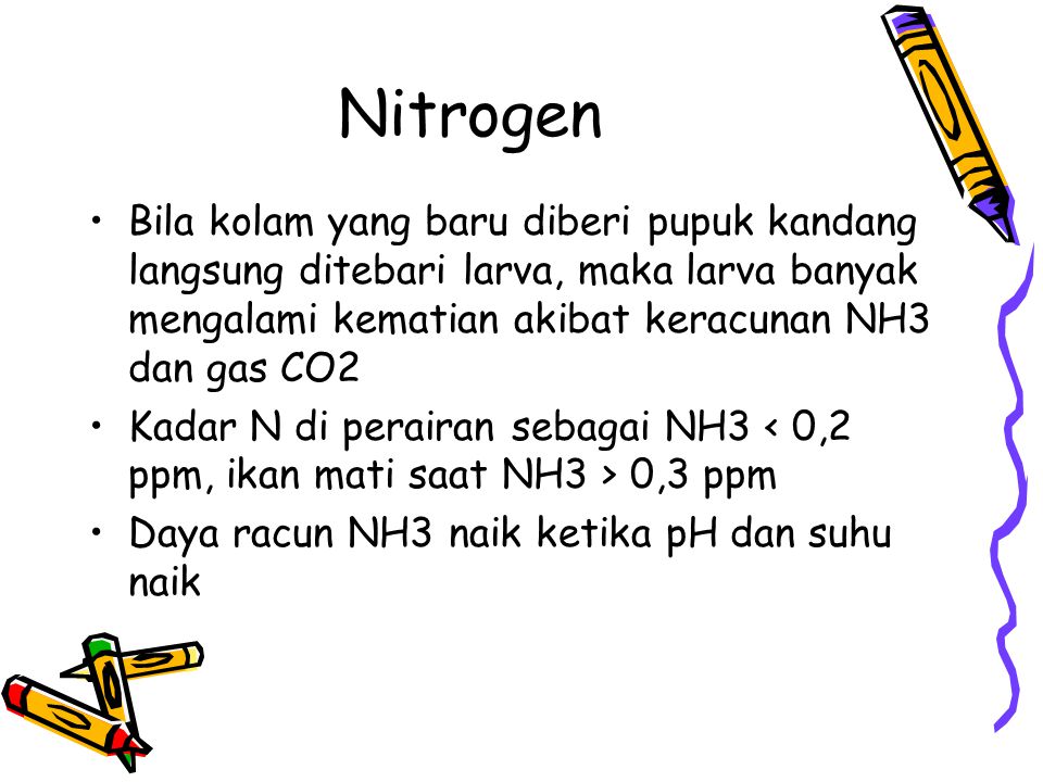 Nitrogen Bila kolam yang baru diberi pupuk kandang langsung ditebari larva, maka larva banyak mengalami kematian akibat keracunan NH3 dan gas CO2.