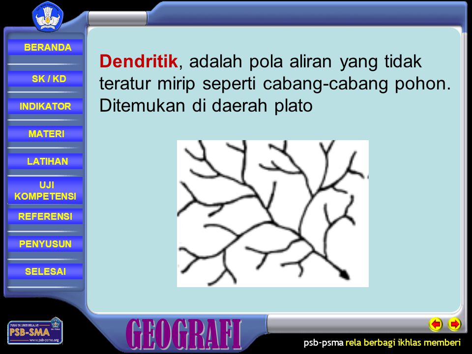 Dendritik, adalah pola aliran yang tidak teratur mirip seperti cabang-cabang pohon.
