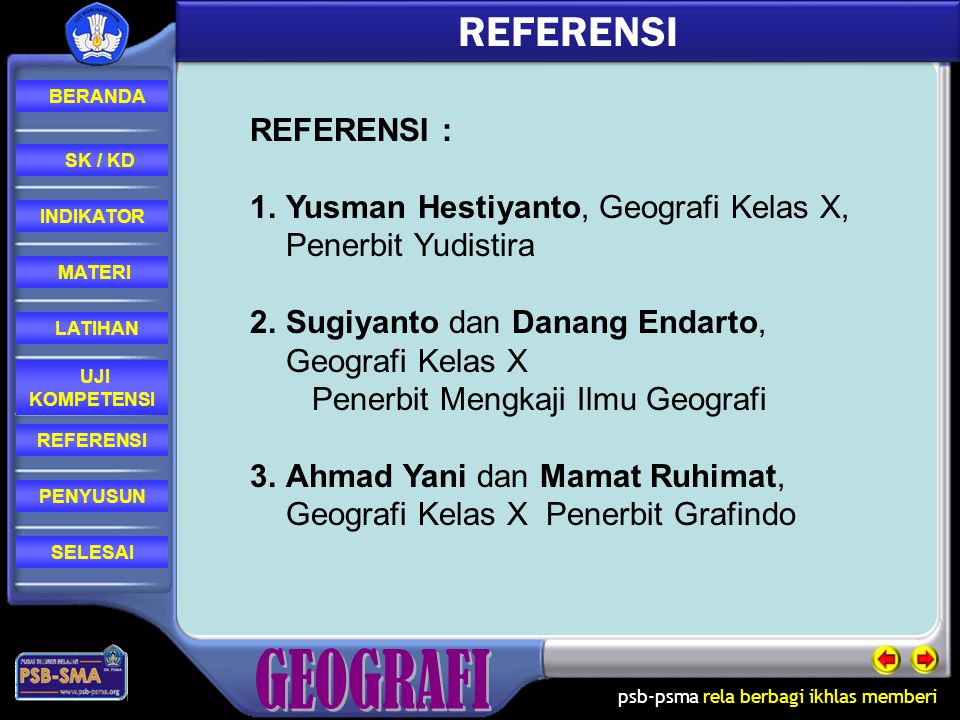 REFERENSI REFERENSI : Yusman Hestiyanto, Geografi Kelas X, Penerbit Yudistira. Sugiyanto dan Danang Endarto, Geografi Kelas X.