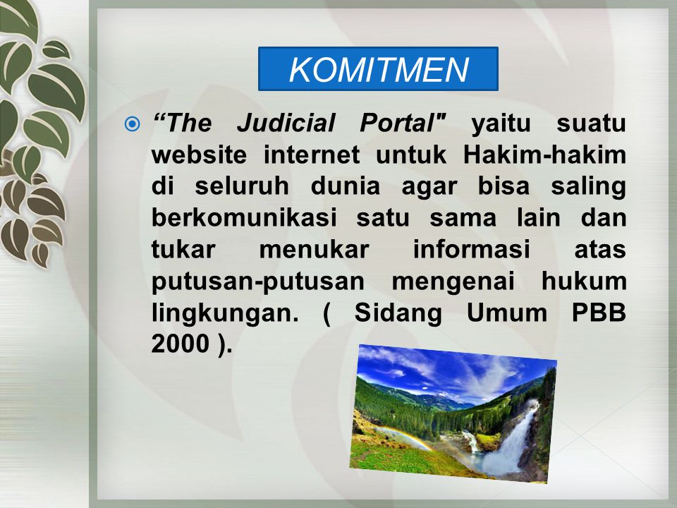 The Judicial Portal yaitu suatu website internet untuk Hakim-hakim di seluruh dunia agar bisa saling berkomunikasi satu sama lain dan tukar menukar informasi atas putusan-putusan mengenai hukum lingkungan. ( Sidang Umum PBB 2000 ).