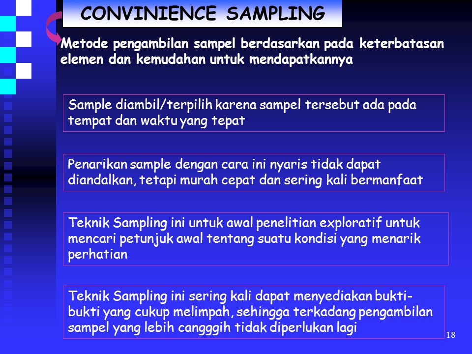 CONVINIENCE SAMPLING Metode pengambilan sampel berdasarkan pada keterbatasan elemen dan kemudahan untuk mendapatkannya.