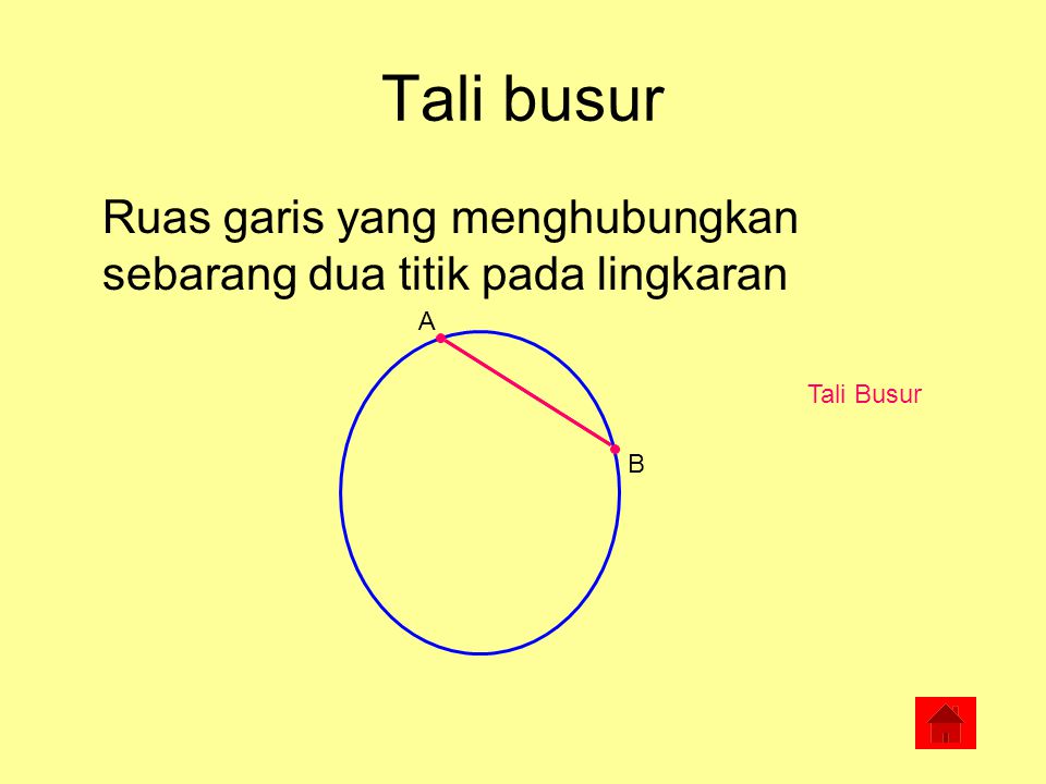 Tali busur Ruas garis yang menghubungkan sebarang dua titik pada lingkaran A Tali Busur B