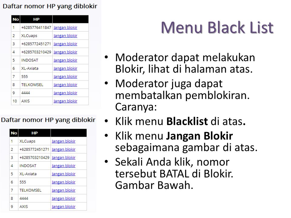 Menu Black List Moderator dapat melakukan Blokir, lihat di halaman atas. Moderator juga dapat membatalkan pemblokiran. Caranya: