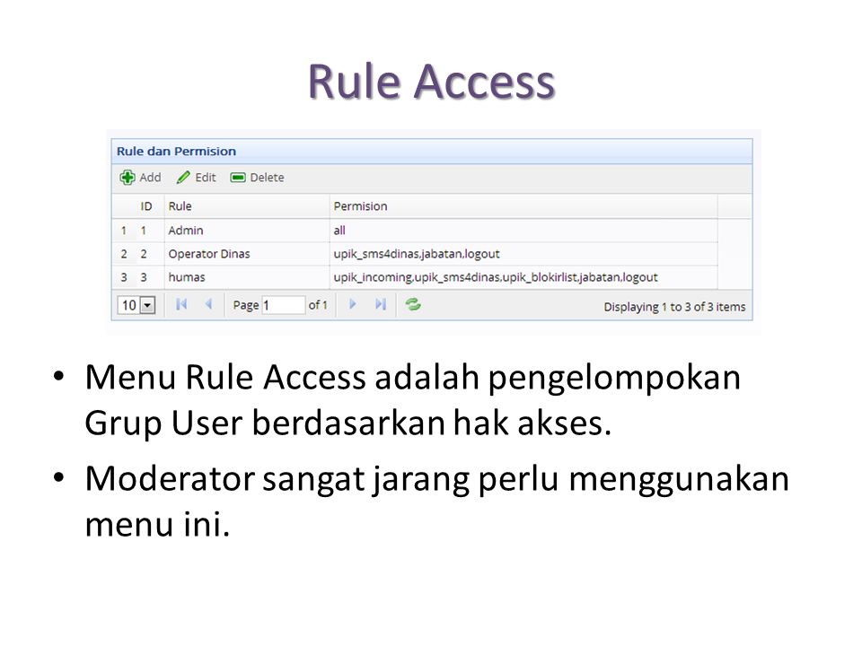 Rule Access Menu Rule Access adalah pengelompokan Grup User berdasarkan hak akses.