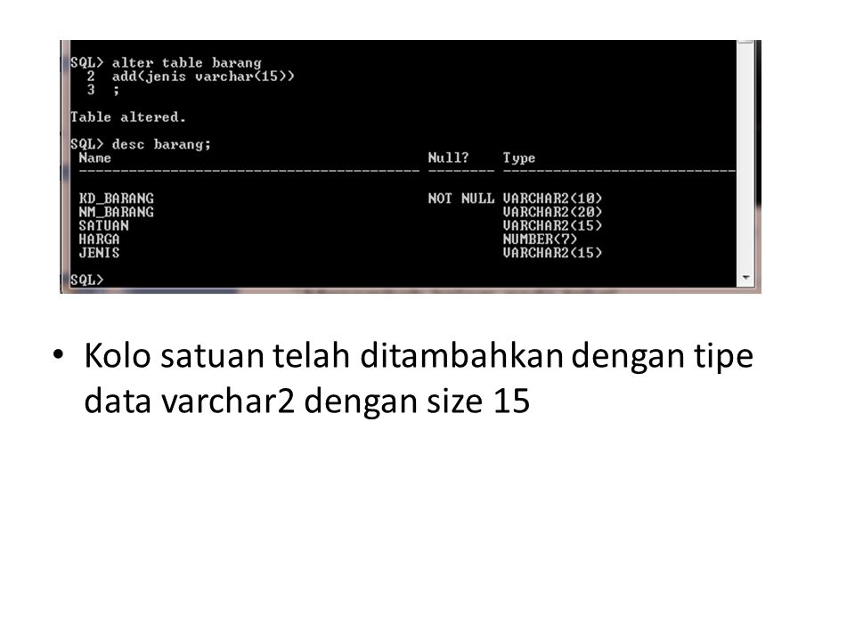 Kolo satuan telah ditambahkan dengan tipe data varchar2 dengan size 15