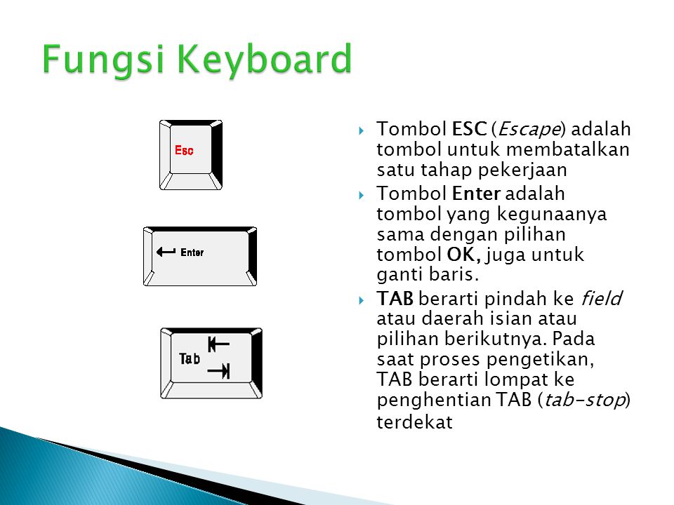 Fungsi Keyboard Tombol ESC (Escape) adalah tombol untuk membatalkan satu tahap pekerjaan.