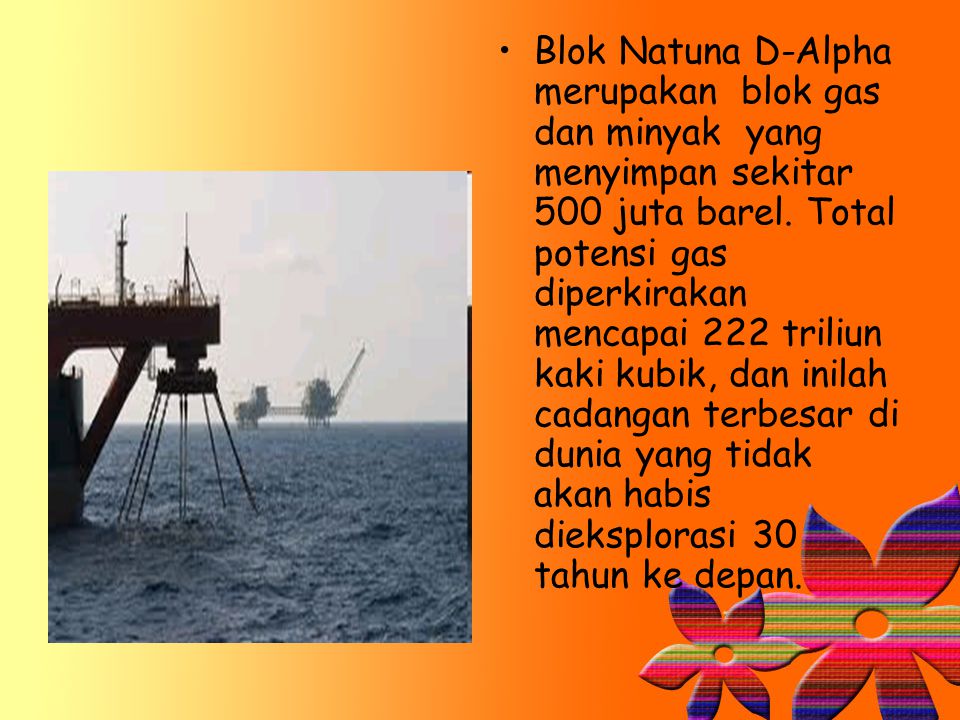 Blok Natuna D-Alpha merupakan blok gas dan minyak yang menyimpan sekitar 500 juta barel.