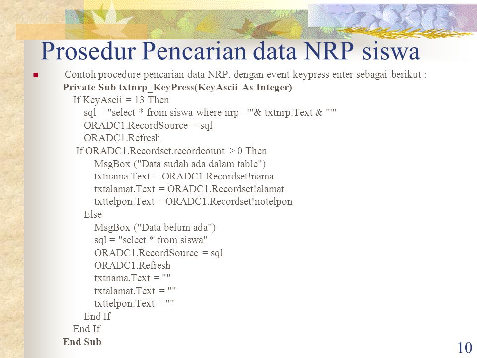 Prosedur Pencarian data NRP siswa