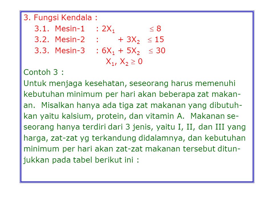 3. Fungsi Kendala : 3.1. Mesin-1 : 2X1  Mesin-2 : + 3X2  15.