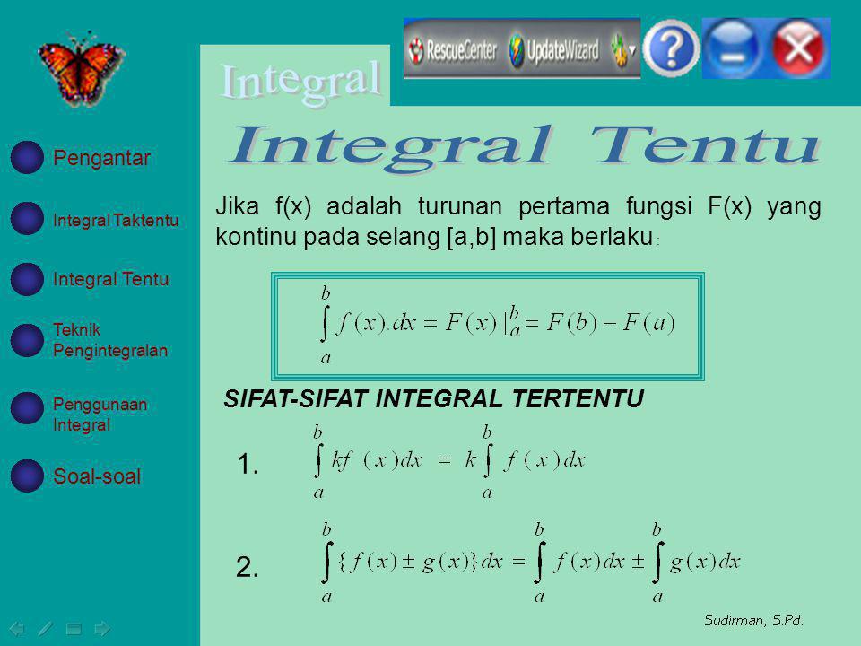 Integral Tentu Pengantar. Jika f(x) adalah turunan pertama fungsi F(x) yang kontinu pada selang [a,b] maka berlaku :