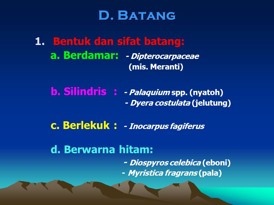 D. Batang Bentuk dan sifat batang: a. Berdamar: - Dipterocarpaceae