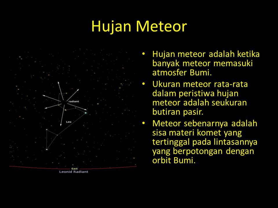 Hujan Meteor Hujan meteor adalah ketika banyak meteor memasuki atmosfer Bumi.