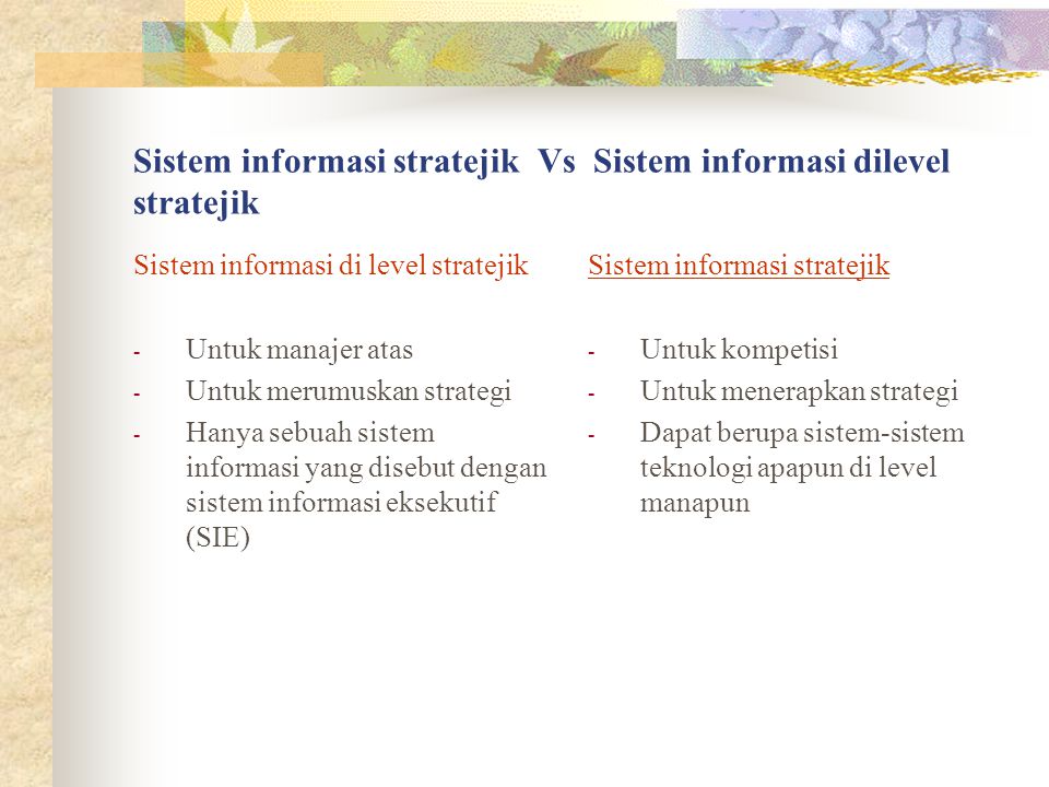 Sistem informasi stratejik Vs Sistem informasi dilevel stratejik