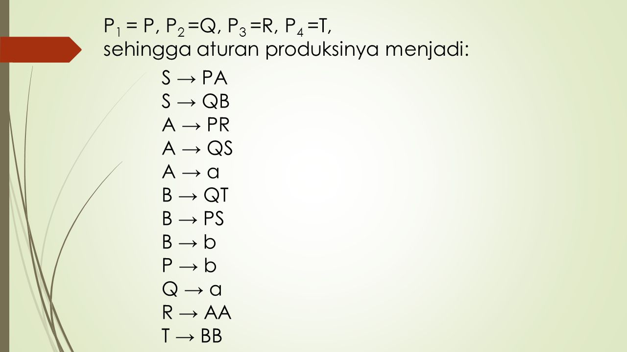 P1 = P, P2 =Q, P3 =R, P4 =T, sehingga aturan produksinya menjadi: S → PA S → QB A → PR A → QS A → a B → QT B → PS B → b P → b Q → a R → AA T → BB.