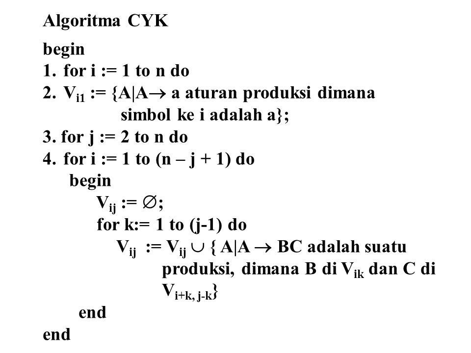 Algoritma CYK begin. for i := 1 to n do. Vi1 := {A|A a aturan produksi dimana. simbol ke i adalah a};