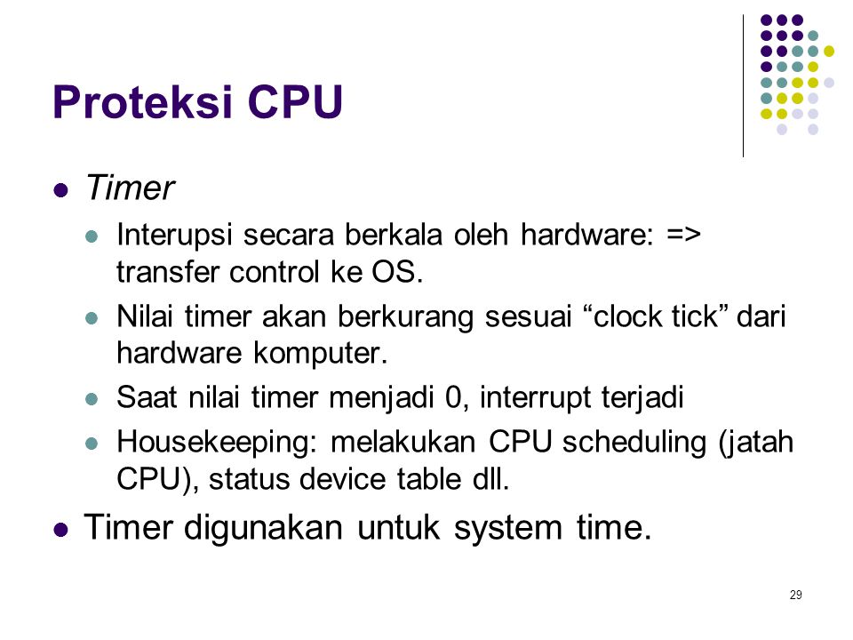 Proteksi CPU Timer Timer digunakan untuk system time.