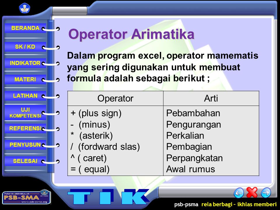 Operator Arimatika Dalam program excel, operator mamematis yang sering digunakan untuk membuat formula adalah sebagai berikut ;
