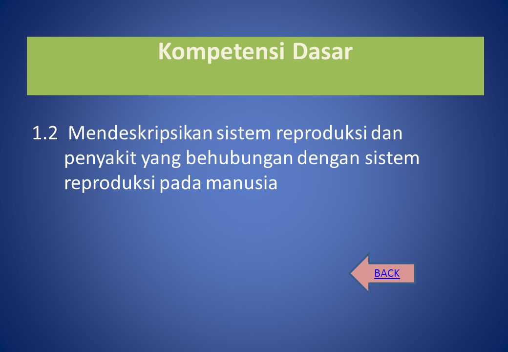 Kompetensi Dasar 1.2 Mendeskripsikan sistem reproduksi dan penyakit yang behubungan dengan sistem reproduksi pada manusia.