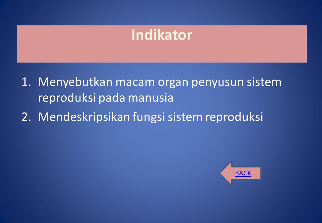 Indikator Menyebutkan macam organ penyusun sistem reproduksi pada manusia. Mendeskripsikan fungsi sistem reproduksi.
