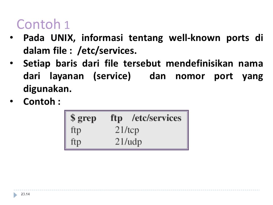 Contoh 1 Pada UNIX, informasi tentang well-known ports di dalam file : /etc/services.