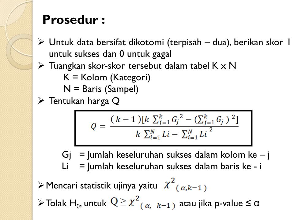 Prosedur : Untuk data bersifat dikotomi (terpisah – dua), berikan skor 1 untuk sukses dan 0 untuk gagal.