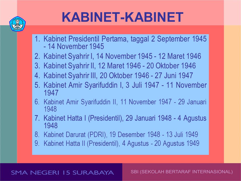 KABINET-KABINET 1. Kabinet Presidentil Pertama, taggal 2 September November Kabinet Syahrir I, 14 November Maret