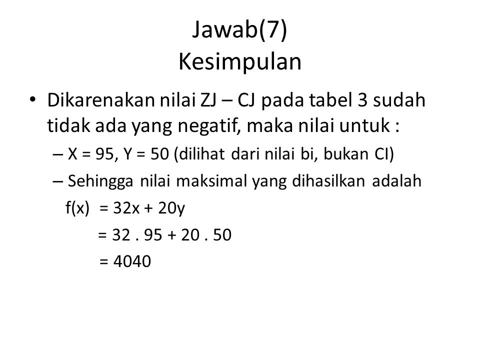 Jawab(7) Kesimpulan Dikarenakan nilai ZJ – CJ pada tabel 3 sudah tidak ada yang negatif, maka nilai untuk :