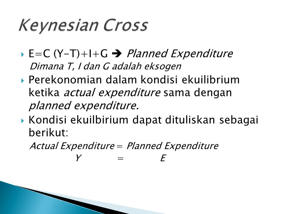 Keynesian Cross E=C (Y-T)+I+G  Planned Expenditure
