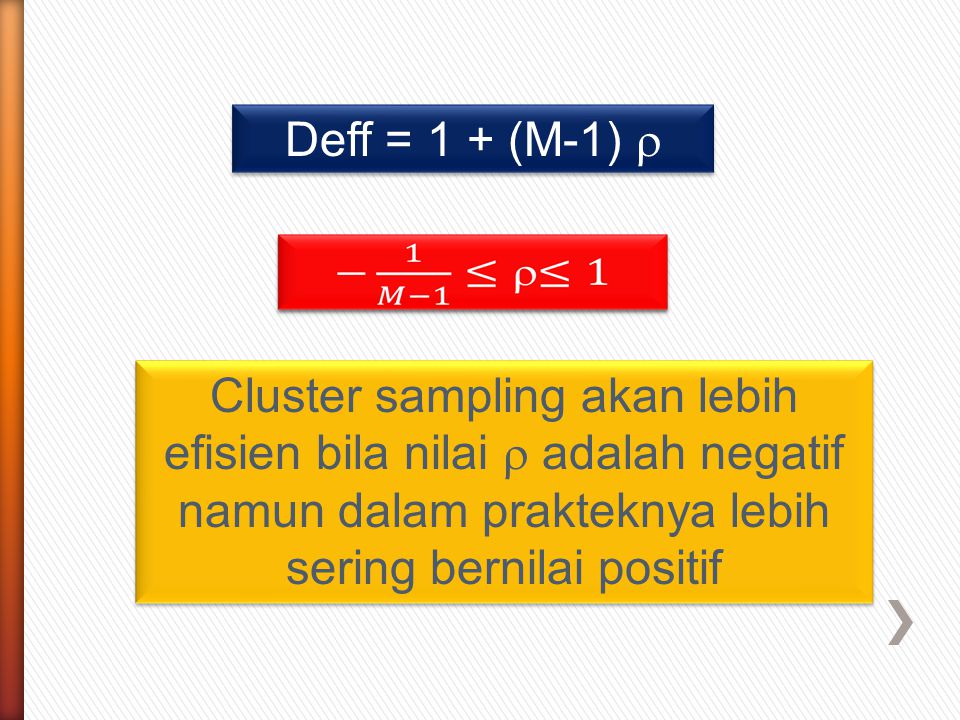 Deff = 1 + (M-1)  Cluster sampling akan lebih efisien bila nilai  adalah negatif namun dalam prakteknya lebih sering bernilai positif.