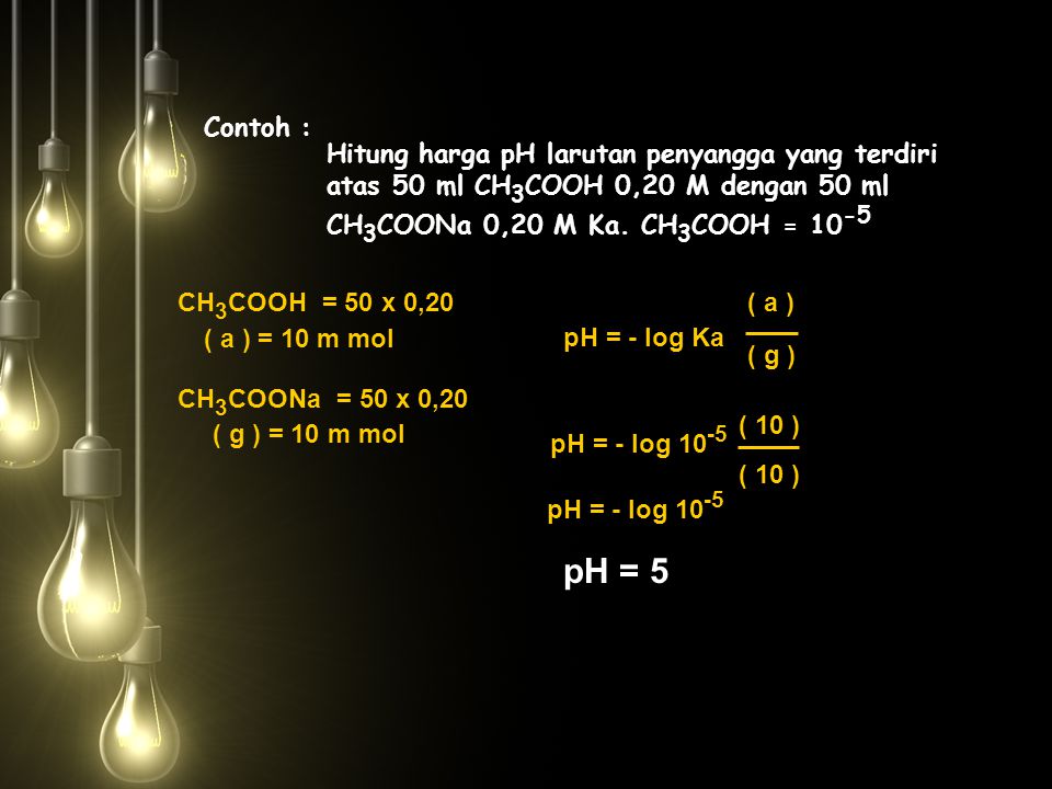 Contoh : Hitung harga pH larutan penyangga yang terdiri atas 50 ml CH3COOH 0,20 M dengan 50 ml CH3COONa 0,20 M Ka. CH3COOH =
