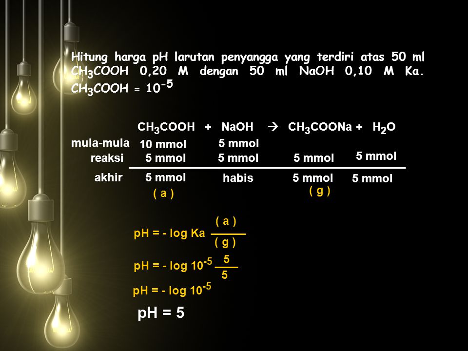 Hitung harga pH larutan penyangga yang terdiri atas 50 ml CH3COOH 0,20 M dengan 50 ml NaOH 0,10 M Ka. CH3COOH = 10-5