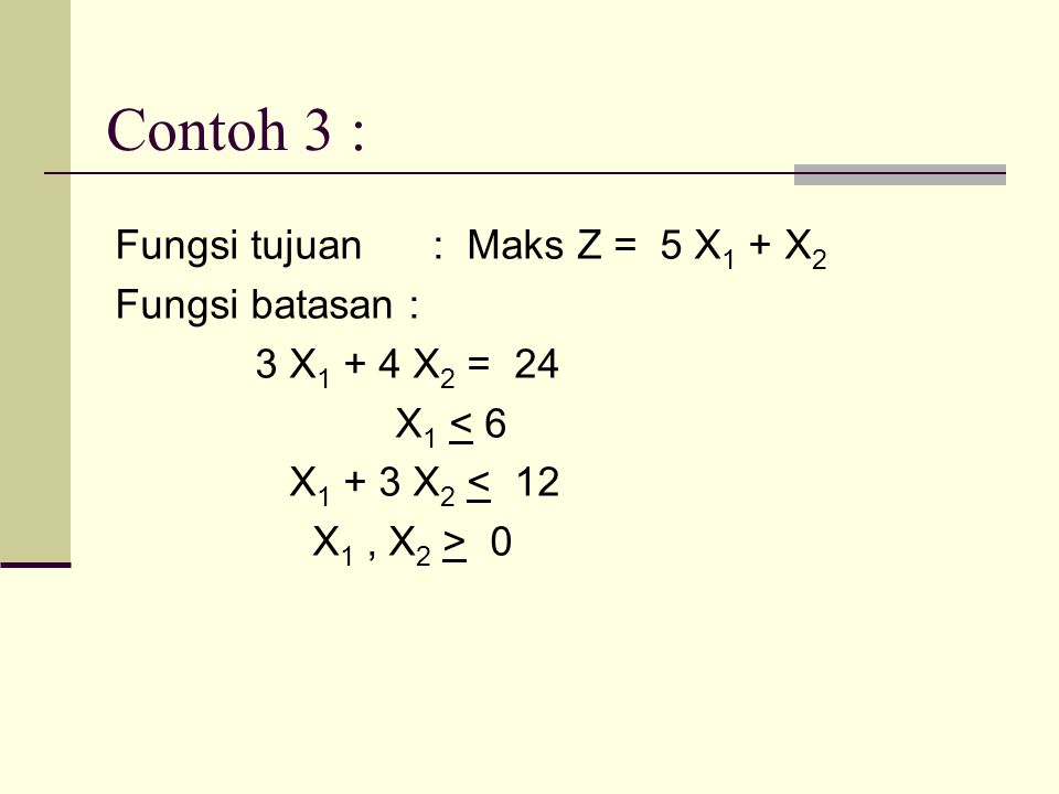 Contoh 3 : Fungsi tujuan : Maks Z = 5 X1 + X2 Fungsi batasan :