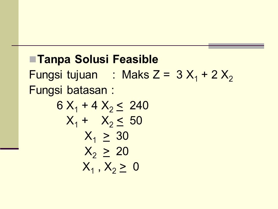 Tanpa Solusi Feasible Fungsi tujuan : Maks Z = 3 X1 + 2 X2. Fungsi batasan : 6 X1 + 4 X2 < 240.