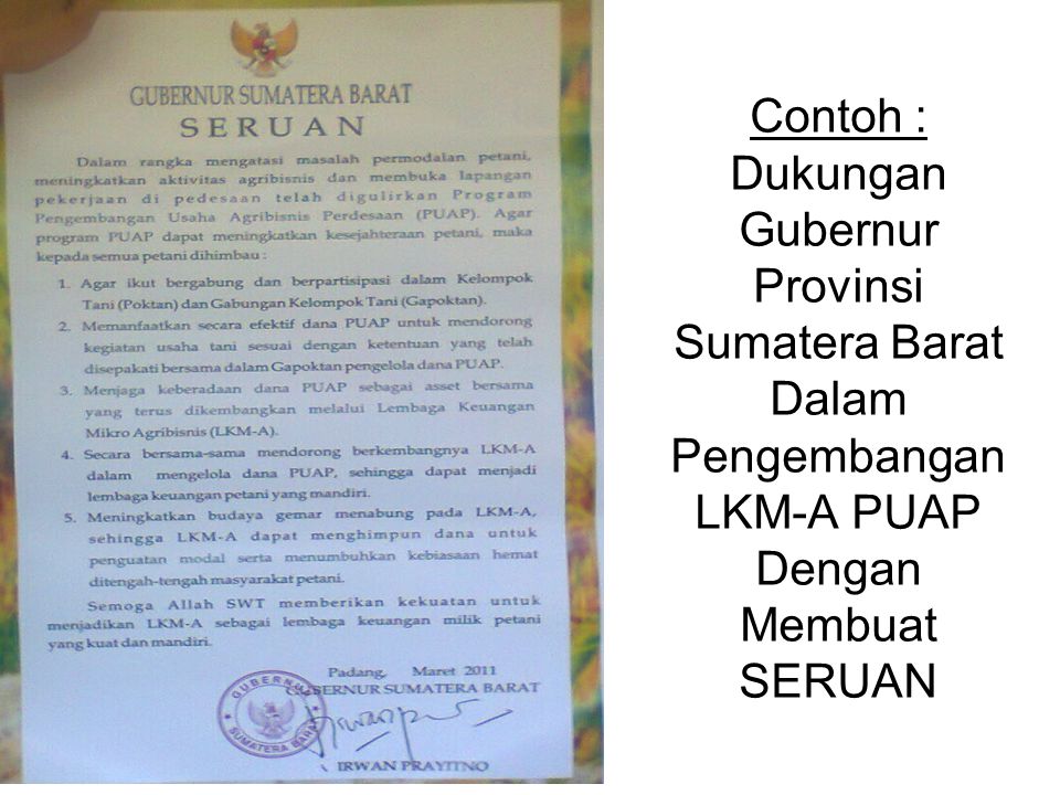 Contoh : Dukungan Gubernur Provinsi Sumatera Barat Dalam Pengembangan LKM-A PUAP Dengan Membuat SERUAN