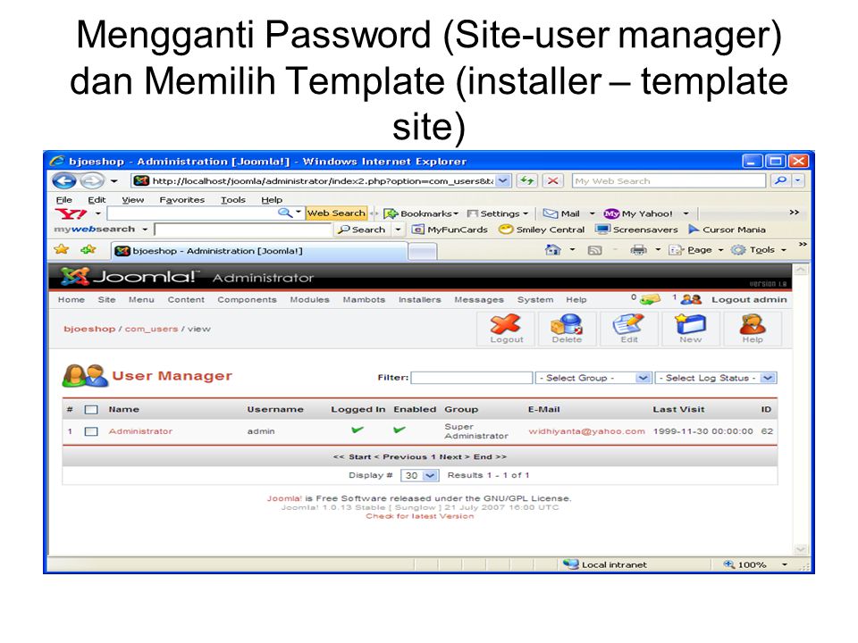 Mengganti Password (Site-user manager) dan Memilih Template (installer – template site)