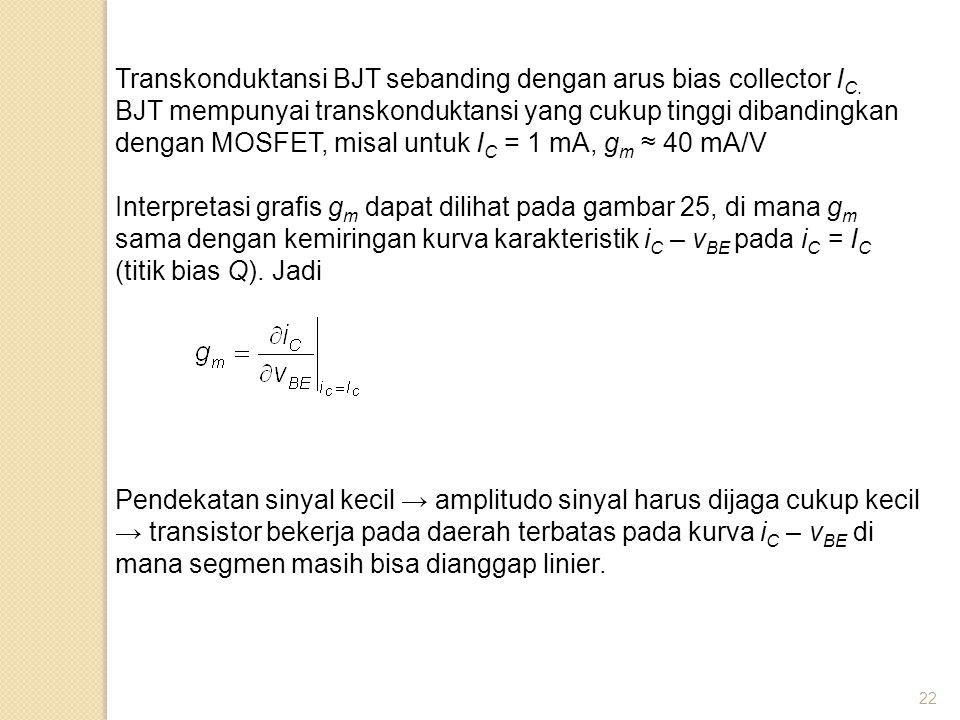 Transkonduktansi BJT sebanding dengan arus bias collector IC.