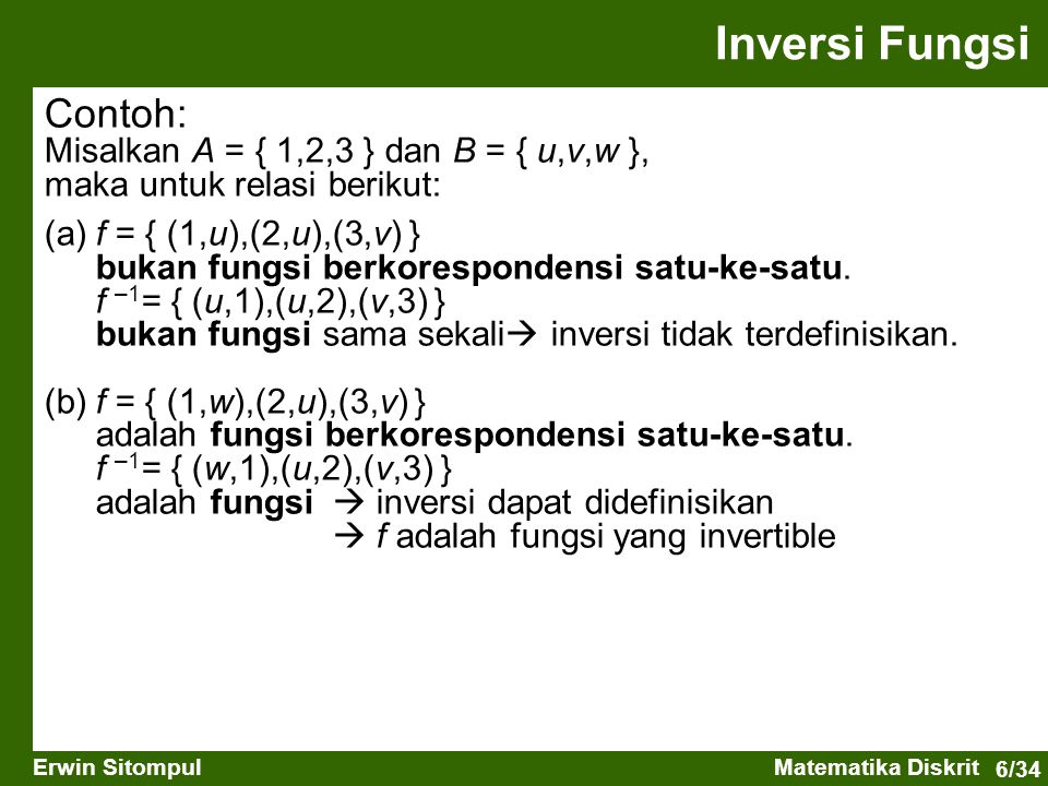 Inversi Fungsi Contoh: Misalkan A = { 1,2,3 } dan B = { u,v,w },