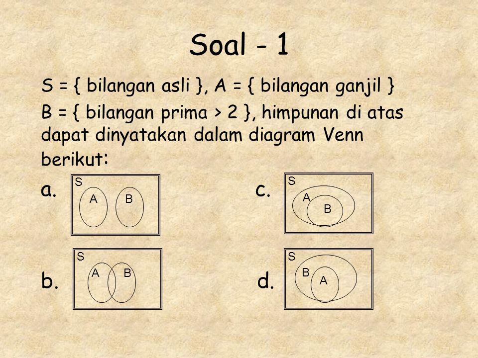 Soal - 1 a. c. b. d. S = { bilangan asli }, A = { bilangan ganjil }