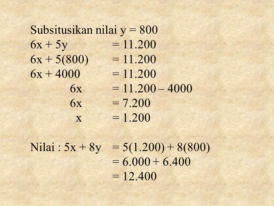 Subsitusikan nilai y = 800 6x + 5y = x + 5(800) = x = x = –