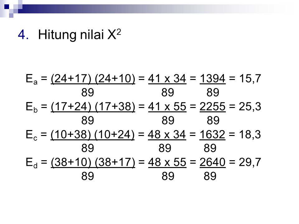Hitung nilai X2 Ea = (24+17) (24+10) = 41 x 34 = 1394 = 15,