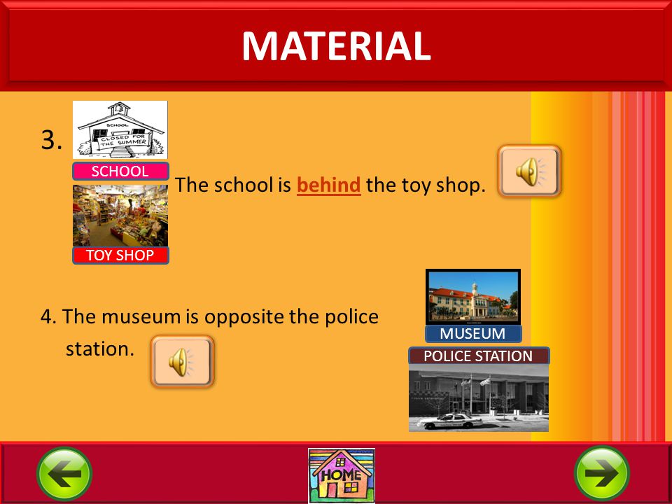 MATERIAL 3. The school is behind the toy shop.