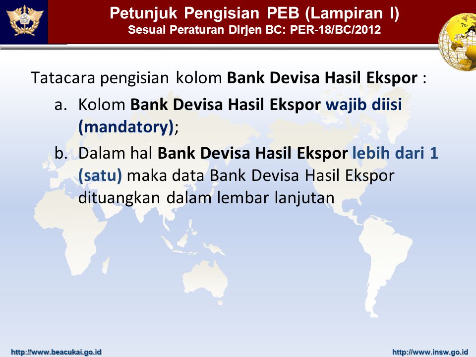 Tatacara pengisian kolom Bank Devisa Hasil Ekspor :