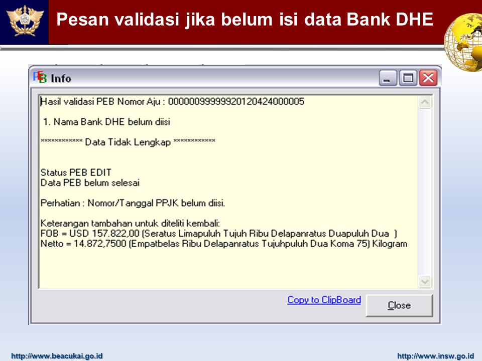 Pesan validasi jika belum isi data Bank DHE