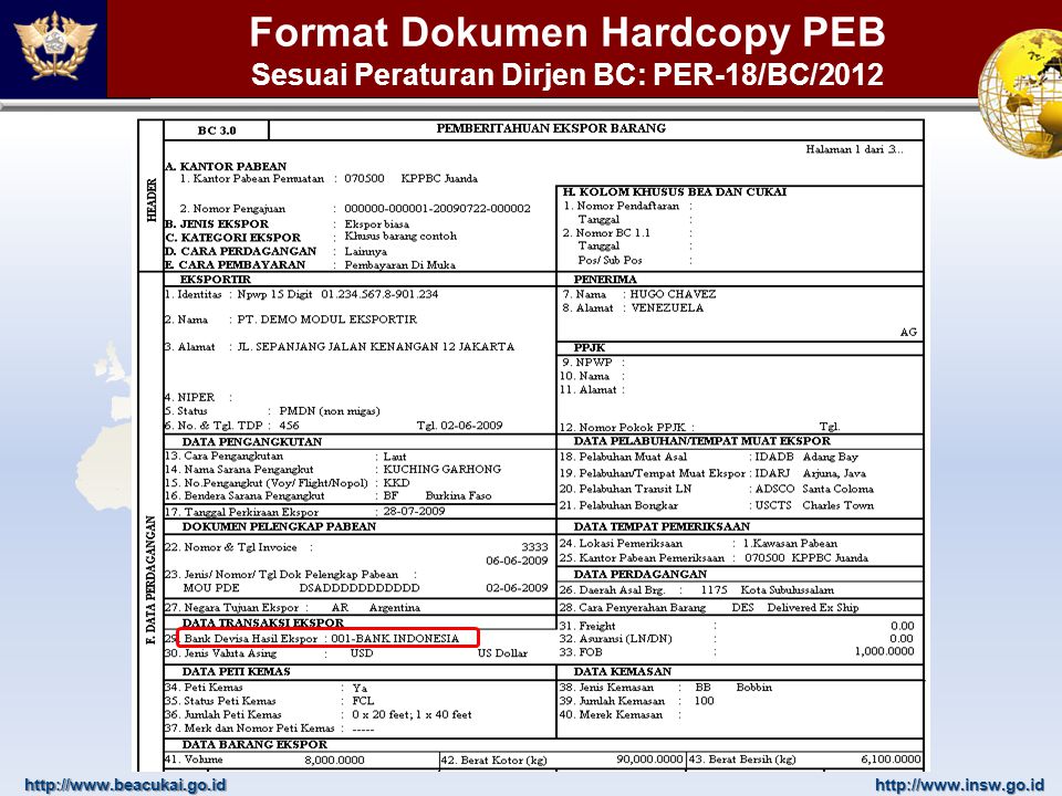 Format Dokumen Hardcopy PEB Sesuai Peraturan Dirjen BC: PER-18/BC/2012
