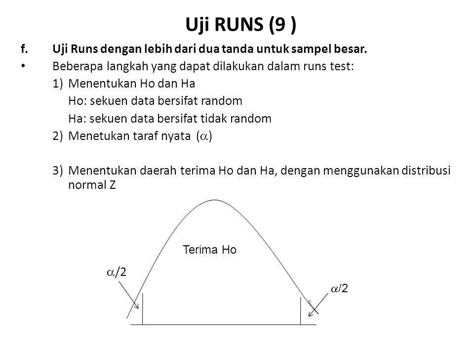 Uji RUNS (9 ) f. Uji Runs dengan lebih dari dua tanda untuk sampel besar. Beberapa langkah yang dapat dilakukan dalam runs test: