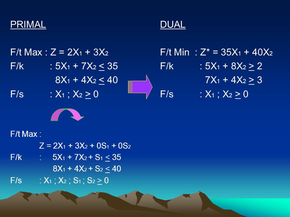 PRIMAL F/t Max : Z = 2X1 + 3X2 F/k : 5X1 + 7X2 < 35