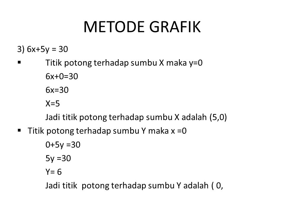 METODE GRAFIK 3) 6x+5y = 30 Titik potong terhadap sumbu X maka y=0