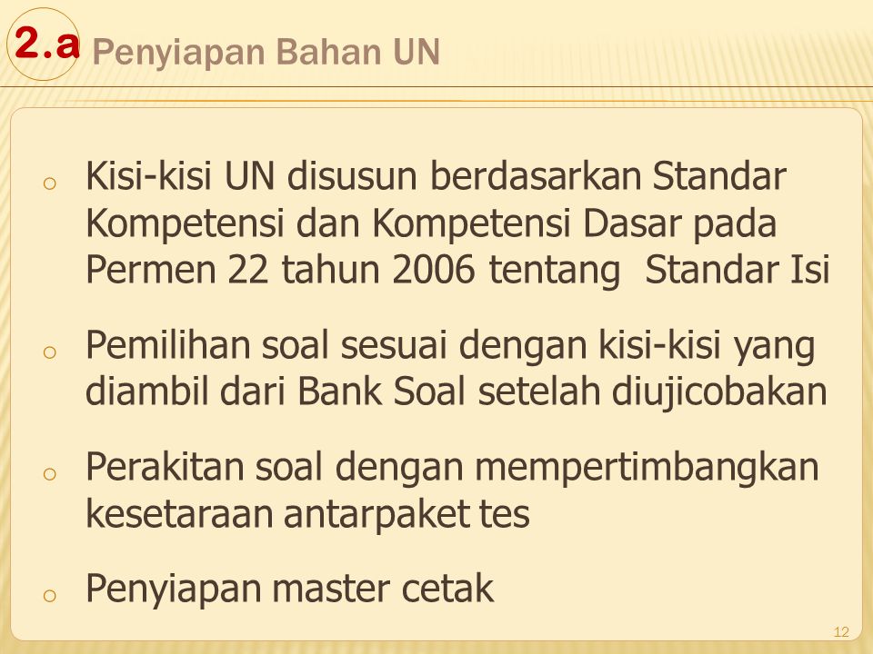 2.a Penyiapan Bahan UN. Kisi-kisi UN disusun berdasarkan Standar Kompetensi dan Kompetensi Dasar pada Permen 22 tahun 2006 tentang Standar Isi.