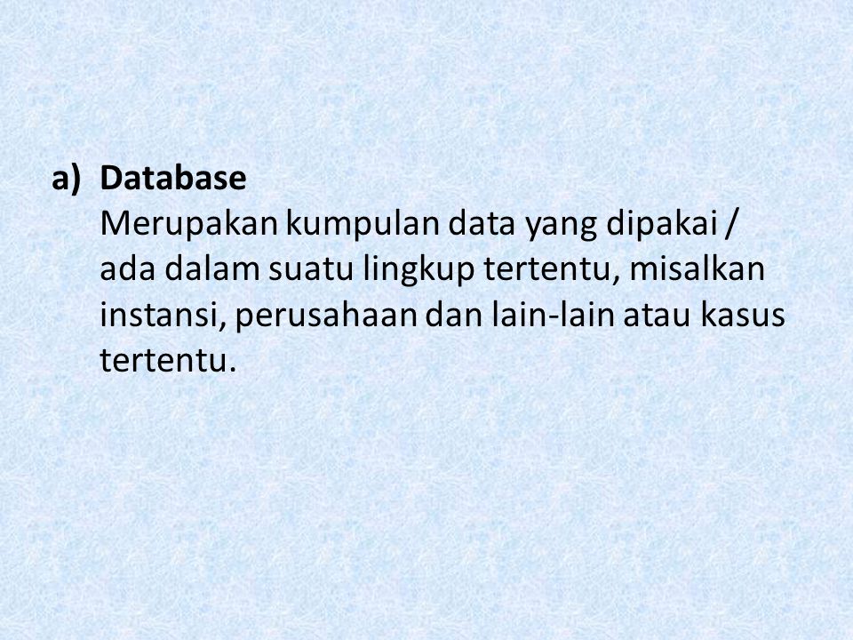 Database Merupakan kumpulan data yang dipakai / ada dalam suatu lingkup tertentu, misalkan instansi, perusahaan dan lain-lain atau kasus tertentu.